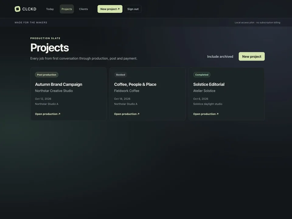 CLCKD production slate showing fictional booked, post-production and completed projects